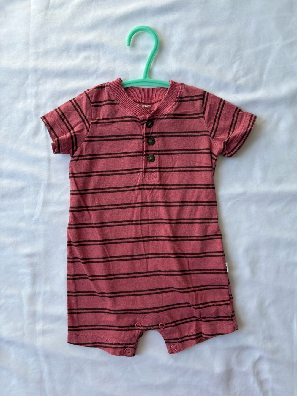 🚙 Baby boy Carter's Pink Short-Sleeve Striped Henley Romper